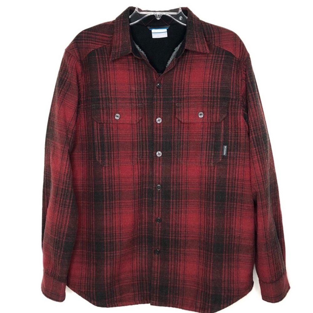 Columbia Men's Windward Iii Overshirt Plaid Red Gray Shacket/Coat Sherpa Lined L